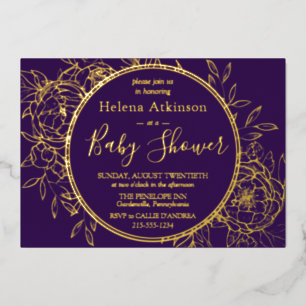 Invitación Con Relieve Metalizado Baby Shower Morple & Gold Moderno Peony Toile