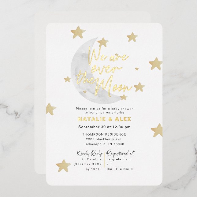 Invitación Con Relieve Metalizado Baby Shower neutral de género sobre la luna y las  (Anverso/Reverso)