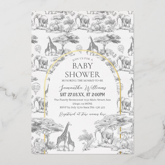 Invitación Con Relieve Metalizado Baby Shower Neutral Safari Animal Elegant Toile (Anverso)