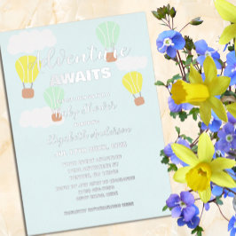 Invitación Con Relieve Metalizado Baby Shower neutro en globo de aire caliente