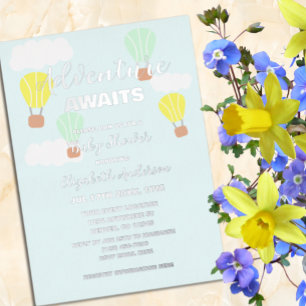 Invitación Con Relieve Metalizado Baby Shower neutro en globo de aire caliente