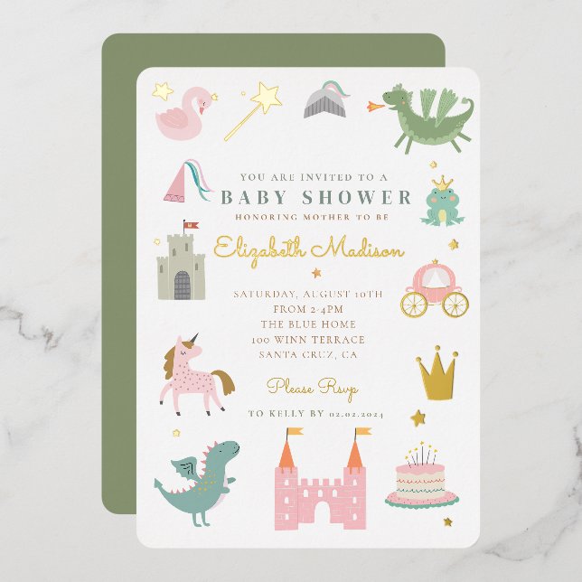Invitación Con Relieve Metalizado Baby Shower Princess fairytale unicorn (Anverso/Reverso)
