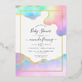 Invitación Con Relieve Metalizado Baby Shower Rainbow Agate Stone