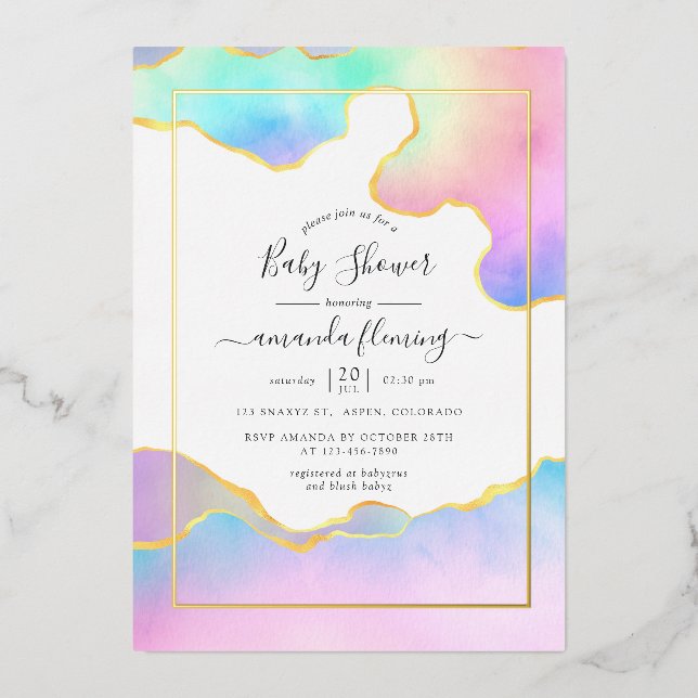 Invitación Con Relieve Metalizado Baby Shower Rainbow Agate Stone (Anverso)
