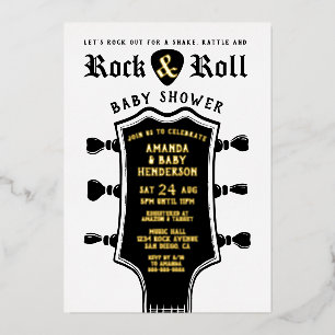 Invitación Con Relieve Metalizado Baby Shower Rock and Roll Guitar