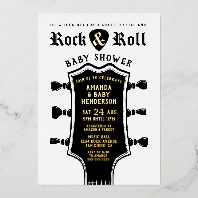 Invitación Con Relieve Metalizado Baby Shower Rock and Roll Guitar (Anverso)