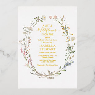 Invitación Con Relieve Metalizado Baby Shower Rustic Modertic Wildflower Spring