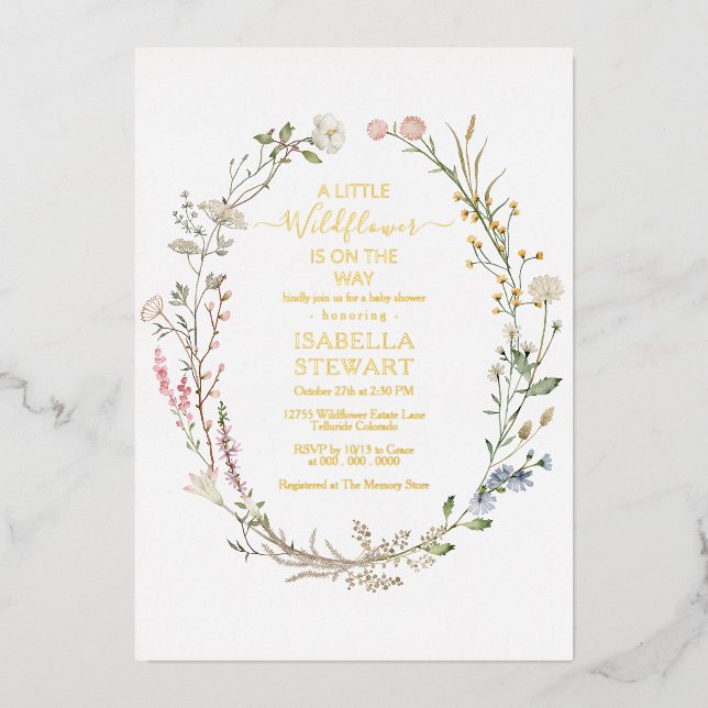 Invitación Con Relieve Metalizado Baby Shower Rustic Modertic Wildflower Spring (Anverso)