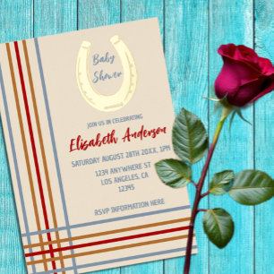 Invitación Con Relieve Metalizado Baby Shower Rústico Western con Herradura