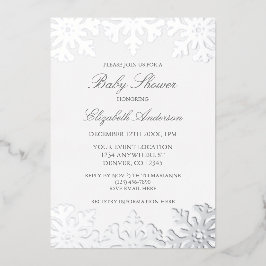 Invitación Con Relieve Metalizado Baby Shower Silver Snowflake Winter