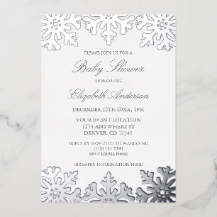 Invitación Con Relieve Metalizado Baby Shower Silver Snowflake Winter