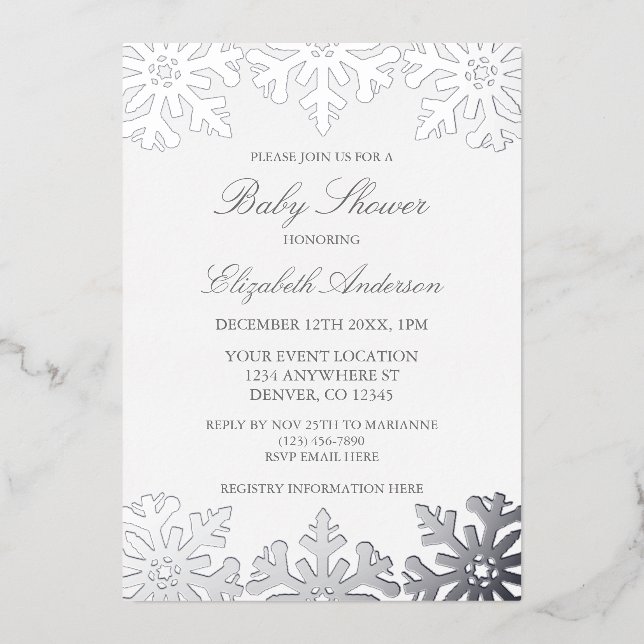 Invitación Con Relieve Metalizado Baby Shower Silver Snowflake Winter (Anverso)