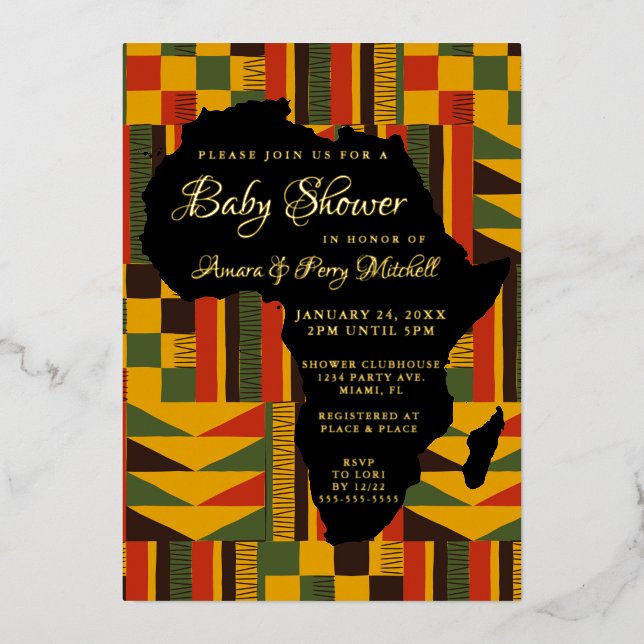 Invitación Con Relieve Metalizado Baby Shower tribal africano de lujo (Anverso)