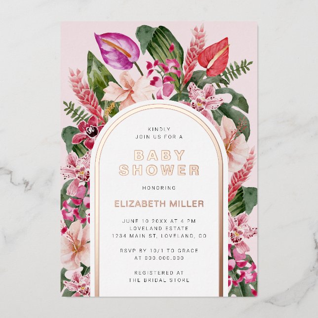 Invitación Con Relieve Metalizado Baby Shower tropical rosa (Anverso)