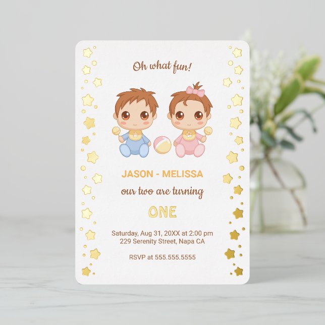 Invitación Con Relieve Metalizado Baby Twins Boy Girl First Birthday (Anverso de pie)