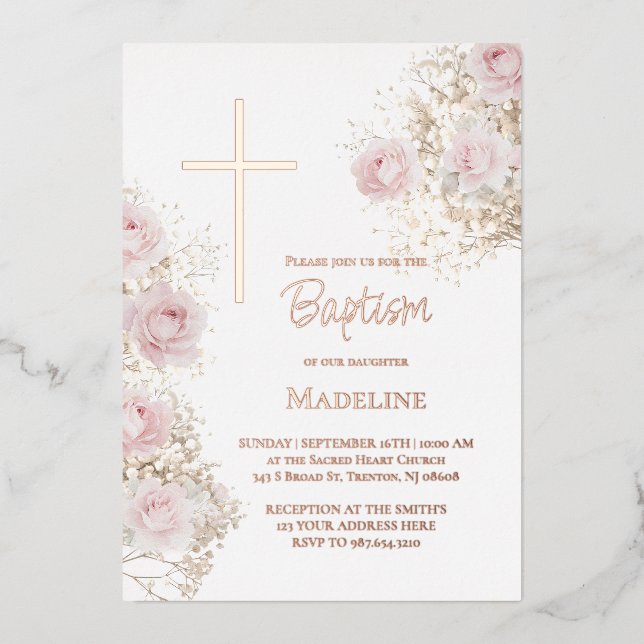 Invitación Con Relieve Metalizado baby's breath and pink roses Baptism (Anverso)