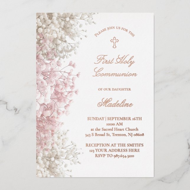 Invitación Con Relieve Metalizado Baby's Breath flowers First Communion (Anverso)