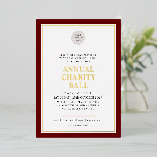 Invitación Con Relieve Metalizado BAILE DE CARIDAD ANUAL logo elegante liso granate