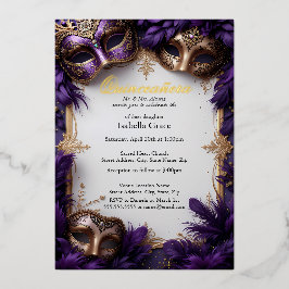Invitación Con Relieve Metalizado Baile de Máscaras Quinceañera Real Barroco Púrpura