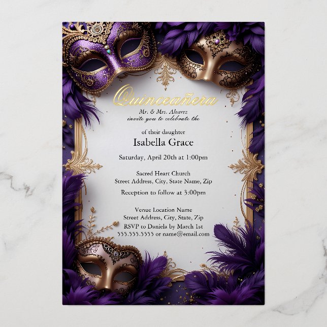 Invitación Con Relieve Metalizado Baile de Máscaras Quinceañera Real Barroco Púrpura (Anverso)