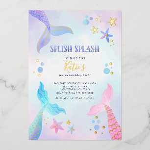 Invitación Con Relieve Metalizado Bajo el cumpleaños de la sirena marina