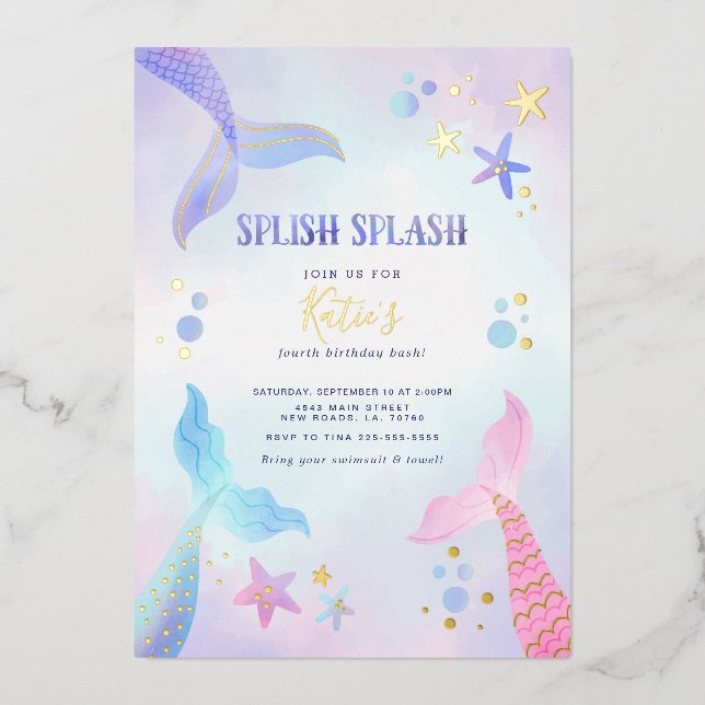 Invitación Con Relieve Metalizado Bajo el cumpleaños de la sirena marina (Anverso)