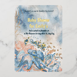 Invitación Con Relieve Metalizado Bajo el mar Blue Beach Whale babyShower