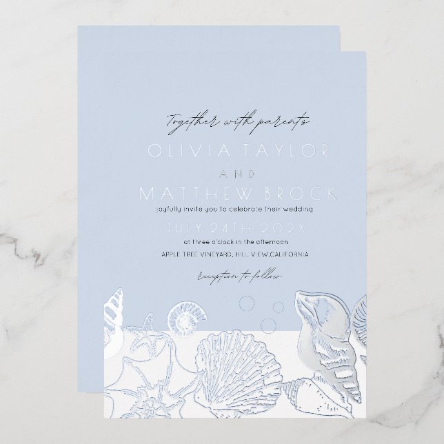 Invitación Con Relieve Metalizado Bajo el mar, la plata, las conchas azules, el Boda (Anverso/Reverso)