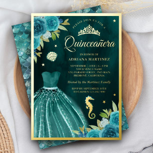 Invitación Con Relieve Metalizado Bajo el mar Oscura Sirenita Verde azulada Quincean