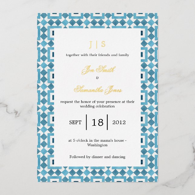 Invitación Con Relieve Metalizado Baldosa azul italiana en el Mediterráneo (Anverso)