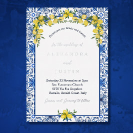 Invitación Con Relieve Metalizado Baldosa Azul Limón Bodas Mediterráneas Italianas