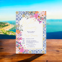 Invitación Con Relieve Metalizado Baldosas azules italianas acuarela ducha de novia 