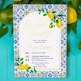 Invitación Con Relieve Metalizado Baldosas azules italianas acuarela limón ducha de 