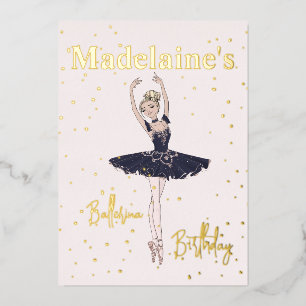 Invitación Con Relieve Metalizado Ballerina Blue TuTu Girls Birthday Party