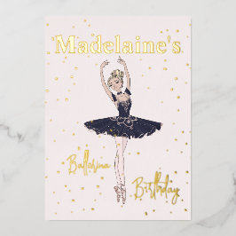 Invitación Con Relieve Metalizado Ballerina Blue TuTu Girls Birthday Party