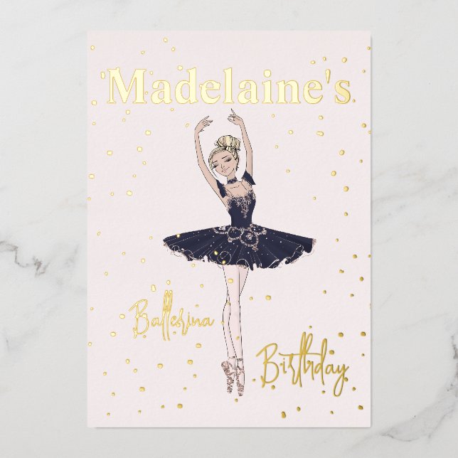 Invitación Con Relieve Metalizado Ballerina Blue TuTu Girls Birthday Party (Anverso)