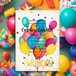 Invitación Con Relieve Metalizado Balones de cumpleaños color acuarela