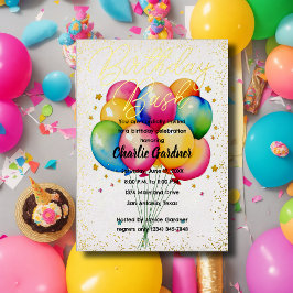 Invitación Con Relieve Metalizado Balones de cumpleaños color acuarela