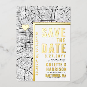 Invitación Con Relieve Metalizado Baltimore Love Locator   Boda Guardar la Fecha
