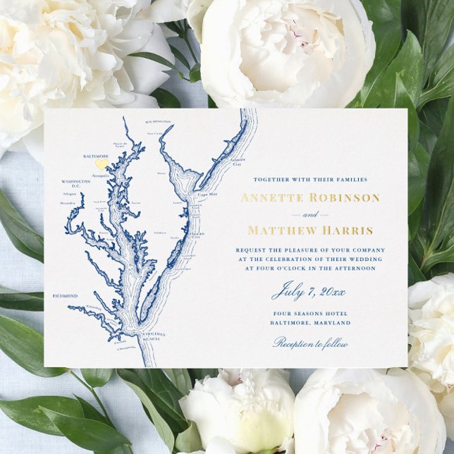 Invitación Con Relieve Metalizado Baltimore Maryland Boda Navy Gold (Baltimore Maryland Gold and Blue wedding invitation from Coastal map Designs)