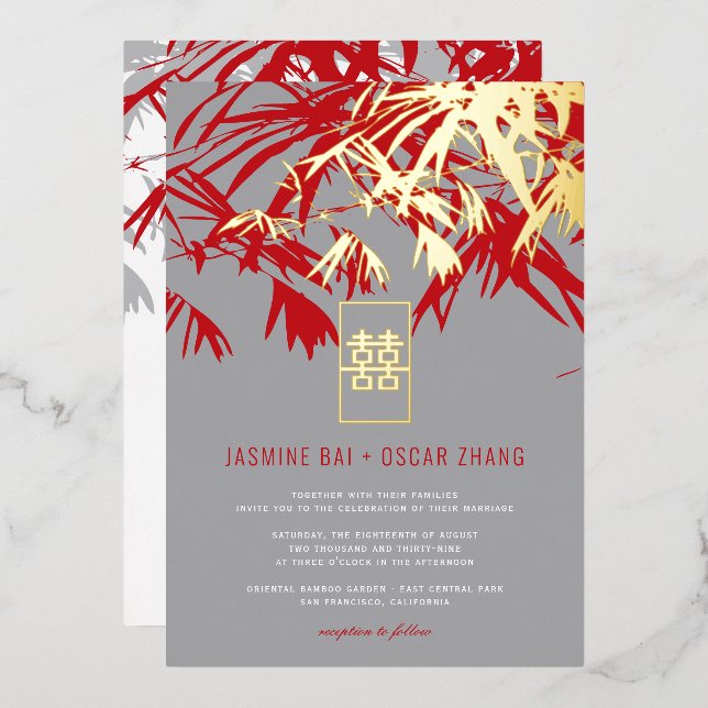 Invitación Con Relieve Metalizado Bambú gris y rojo deja Boda chino Xi doble (Anverso/Reverso)