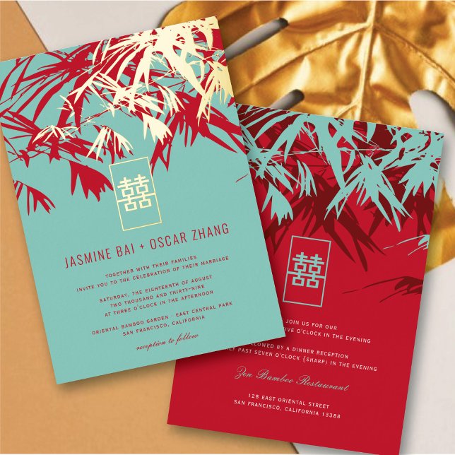 Invitación Con Relieve Metalizado Bambú turquesa y rojo zen deja Boda chino (Turquoise & Red Zen Bamboo Leaves Chinese Wedding Foil Invitation @ fatfatin_red_knot)