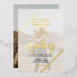 Invitación Con Relieve Metalizado Bandas de guion dorado moda boda 2 fotos