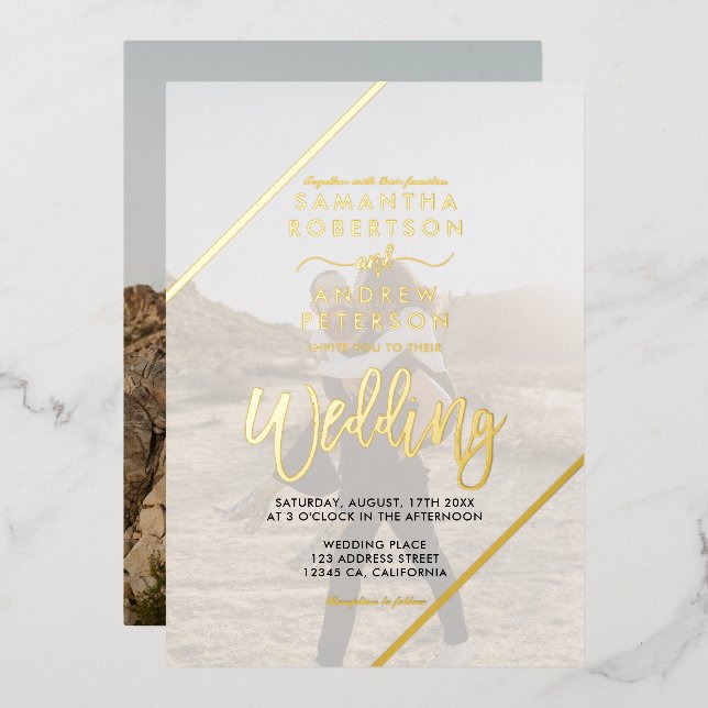 Invitación Con Relieve Metalizado Bandas de guion dorado moda boda 2 fotos (Anverso/Reverso)