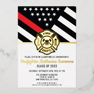 Invitación Con Relieve Metalizado Bandera de Bomberos Línea Roja Fina Graduación