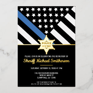 Invitación Con Relieve Metalizado Bandera de la delgada línea azul de jubilación del
