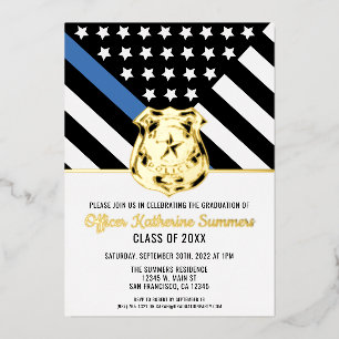 Invitación Con Relieve Metalizado Bandera de la Línea Azul Fina de la Policía Felici