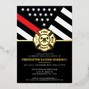 Invitación Con Relieve Metalizado Bandera de Línea Roja de Bomberos Graduación de Bo