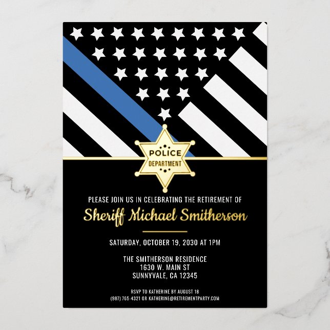Invitación Con Relieve Metalizado Bandera delgada de la línea azul de la policía de  (Anverso)