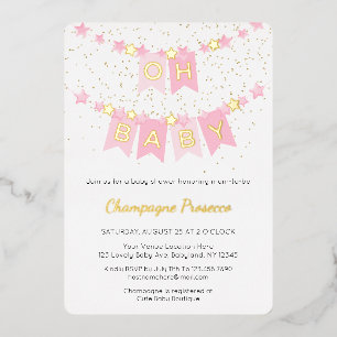 Invitación Con Relieve Metalizado Banderines rosa Oh Baby Foto Cumpleaños del bebé
